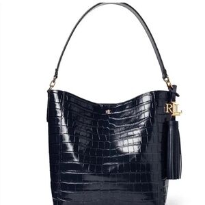 Ralph Lauren Embossed Medium Adley Shoulder Bag Navy Leather & Suede